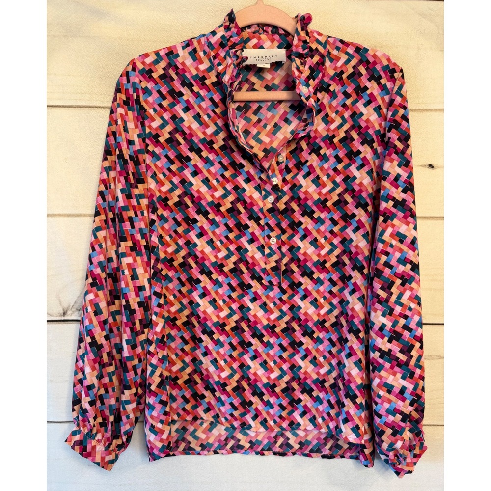 The Shirt Rochelle Behrens Ruffle Neck Geometric Mosaic Blouse Multicolor Small